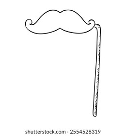 Moustache photo booth masquerade accessory for party black and white line vector illustration. Simple fun sketch for holiday coloring in simple monochrome style