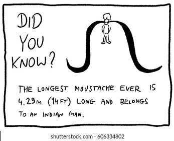 Moustache record - fun trivia cartoon doodle concept. Newspaper funny comic fact.