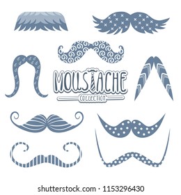 Moustache set collection used for photo booth props objects or party. Vector illustration colored in blue tints isolated on white background 