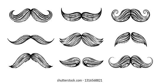 Moustache set. Hand drawn black mustache for barbershop, mustache carnival, retro t-shirt print design, vintage fathers day card. Trendy freehand drawing. Vector illustration isolated white background