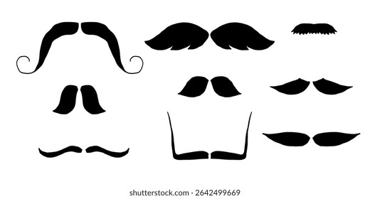 Moustache trendy styles set. Mustache curly horseshoe imperial pencil english pyramid italian and vintage narrow french walrus brush male hipster modern fashion. Chevron vector.