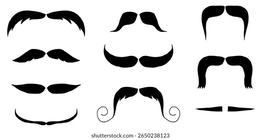 Moustache trendy styles set. Mustache curly horseshoe pencil imperial english pyramid italian and vintage narrow french walrus brush male hipster modern fashion. Chevron vector. 