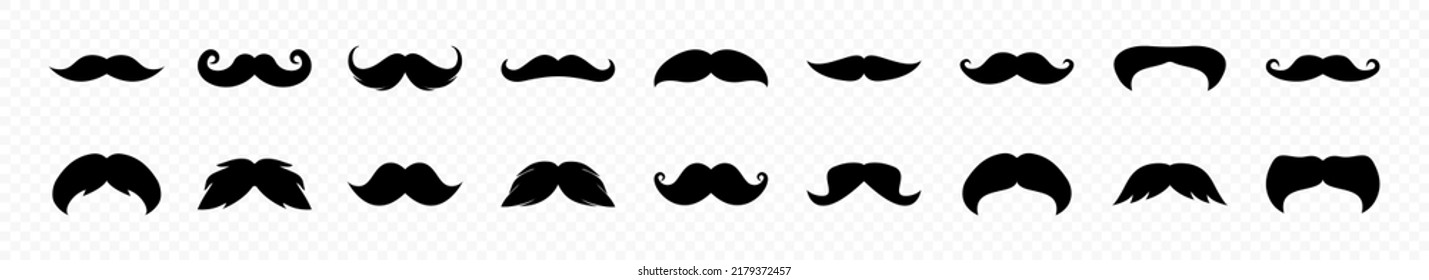 Juego de iconos vectoriales de bigote. Silhouettes de bigote. Mustache de hipster negro. Colección de iconos de bigote negro plano. EPS gráfico vectorial 10