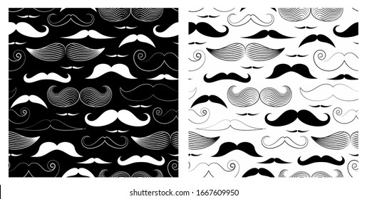 Moustache. Vector seamless pattern of black silhouettes mustaches and beards for poster, fabric, wrapping paper, father's day isolated on white background. Moustache gentleman. Men health symbol