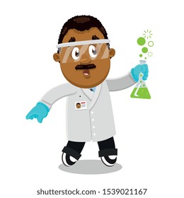 Moustached afro-american man, scientist, researcher in lab coat and gloves spending time at work. Laboratory assistant performing chemical experiment with test tube and green liquid. Vector cartoon.