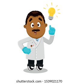 Moustached afro-american man, scientist, researcher in lab coat and gloves standing and showing eureka gesture. African man has idea. Vector cartoon illustration isolated on white background.