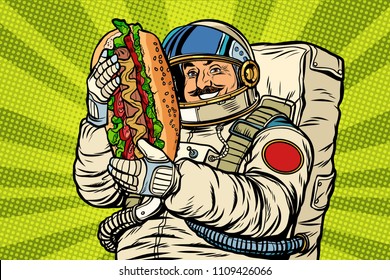 Moustached astronaut with a hotdog. Pop art retro vector illustration kitsch vintage drawing