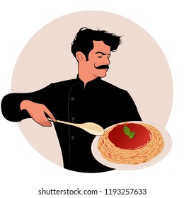 Moustached chef carrying a plate of spaghetti and a wooden spoon