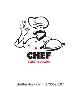 chef bigote de diseño masculino con plato a mano aislado de fondo blanco