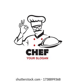 moustached chef man design with dish in hand isolated on white background