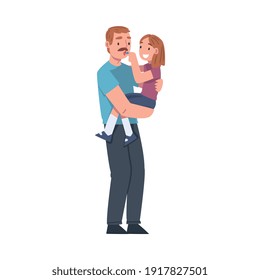 Moustached Dad Holding His Little Daughter Putting Lipstick on His Lips Vector Illustration
