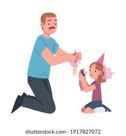 Moustached Dad Playing Dolls with His Little Daughter Vector Illustration