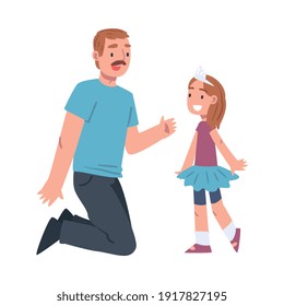 Moustached Dad Playing with His Daughter Wearing Crown Vector Illustration