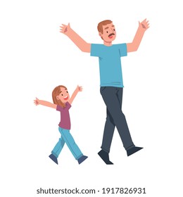 Moustached Dad Walking with His Little Daughter with Their Arms Raised Vector Illustration