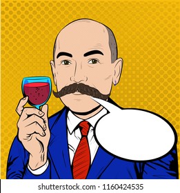 Moustached Frenchman holding red wine glass - Illustration, Vintage vector Pop Art Style