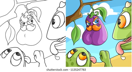 Moustached Fruit and Hungry Lizard Monsters. A Printable Coloring Book Page with A Colored Example