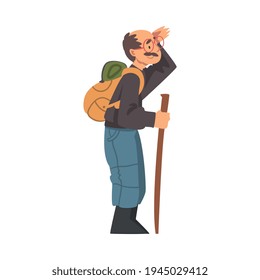 Moustached Grandpa with Backpack Hiking Vector Illustration