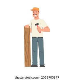 Moustached Handyman or Fixer as Skilled Man with Plank and Hammer Engaged in Home Repair Work Vector Illustration