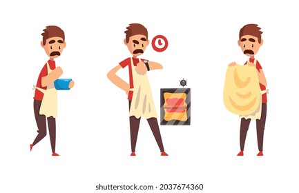 Moustached Male Pizza Maker in Apron Preparing Italian Pizza Kneading and Forming Dough Vector Set