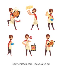 Moustached Male Pizza Maker in Apron Preparing Italian Pizza Kneading Dough Vector Set