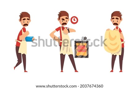 Moustached Male Pizza Maker in Apron Preparing Italian Pizza Kneading and Forming Dough Vector Set