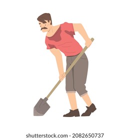 Moustached Man Archaeologist with Shovel Working on Excavations in Search of Archaeological Remains Vector Illustration