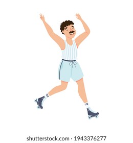 Moustached Man Character Dancing on Roller Skates Performing Tricky Movement Vector Illustration