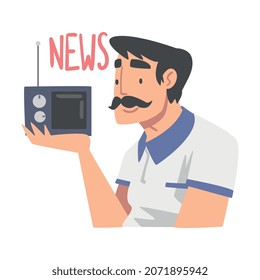 Moustached Man Character Gathering News Listening to Radio Vector Illustration