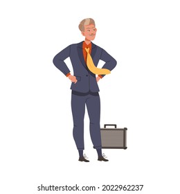 Moustached Man Chief in Formal Suit Standing with Arms Akimbo Vector Illustration