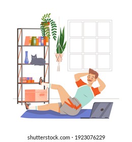 Moustached Man Doing Sit-ups or Abdominal Crunches at Home Vector Illustration