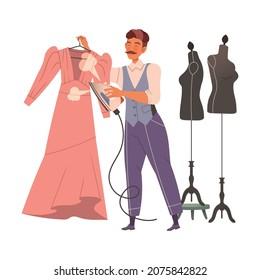 Moustached Man Fashion Designer or Tailor Steaming Dress with Iron Standing Near Mannequin Vector Illustration