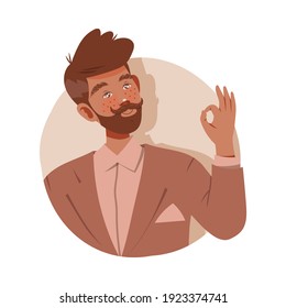 Moustached Man Looking Out of Circle Window Showing Hand Gesture Vector Illustration