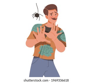 Moustached Man Looking at Spider with Outstretched Arms Uttering Fear Sigh Vector Illustration