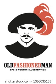Moustached man, in the old style, with a old hat adorned with feathers
