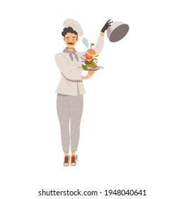 Moustached Man As Super Chef In Toque And Jacket Holding Dome With Served Hamburger Vector Illustration