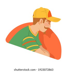 Moustached Man Wearing Baseball Cap Looking Out of Window Vector Illustration