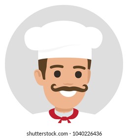 Moustached smiling chief-cooker in white toque and tunic vector illustration. Kitchener portrait in grey circle avatar profile