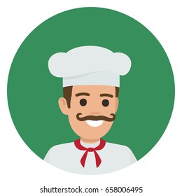 Moustached smiling chief-cooker in white toque and tunic vector illustration. Kitchener portrait in green circle on white background.