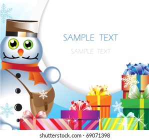 Moustached snowman-postman with a heap of bright gifts