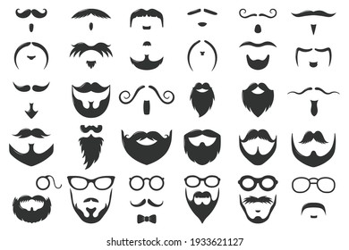 Moustaches and beards. Vintage hipster moustache silhouettes, moustache and beard masculine vector symbols set. Gentleman face hairstyle. Black curly hair, glasses and bow, barber logo