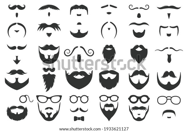 Moustaches and\
beards. Vintage hipster moustache silhouettes, moustache and beard\
masculine vector symbols set. Gentleman face hairstyle. Black curly\
hair, glasses and bow, barber\
logo