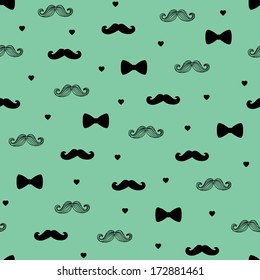 Moustaches with Bow Ties and Hearts Seamless Pattern