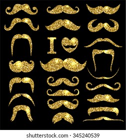 Moustaches gold glitter set. Design elements.