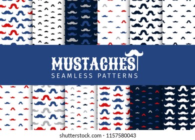 Moustaches Seamless Patterns Collection. November Holiday Wrapping. Mustache Silhouettes for Fabric Textile Design. Hand Drawn Retro Lettering. Cinco de Mayo, Vintage Mustache Carnival Design.