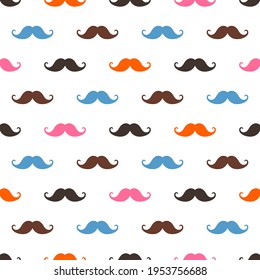 moustaches seamless patterns for holiday wrapping paper, vector orange, blue, pink, brown and black mustache silhouettes for fabric textile design, fathers day, vintage mustaches carnival design