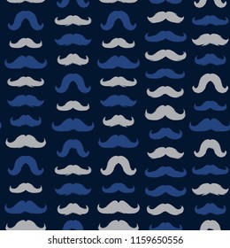 Moustaches Seamless Patterns for November Holiday Wrapping Paper. Blue and Grey Vector Mustache Silhouettes for Fabric Textile Design. Cinco de Mayo, Vintage Mustaches Carnival Design. Dark Background