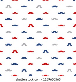 Moustaches Seamless Patterns for November Holiday Wrapping Paper. Vector Red, Blue and Grey Mustache Silhouettes for Fabric Textile Design. Cinco de Mayo, Vintage Mustaches Carnival Design.