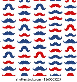 Moustaches Seamless Patterns for November Holiday Wrapping Paper. Vector Red and Blue Mustache Silhouettes for Fabric Textile Design. Cinco de Mayo, Vintage Mustaches Carnival Design.