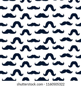 Moustaches Seamless Patterns for November Holiday Wrapping Paper. Dark Blue Vector Mustache Silhouettes for Fabric Textile Design. Cinco de Mayo, Vintage Mustaches Carnival Design. White Background