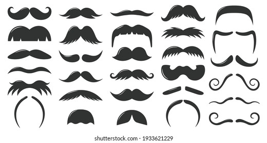 Moustaches symbols. Vintage male moustaches silhouette, funny black mustaches vector illustration set. Retro gentleman moustaches. Hipster man element for photo. Different accessories collection